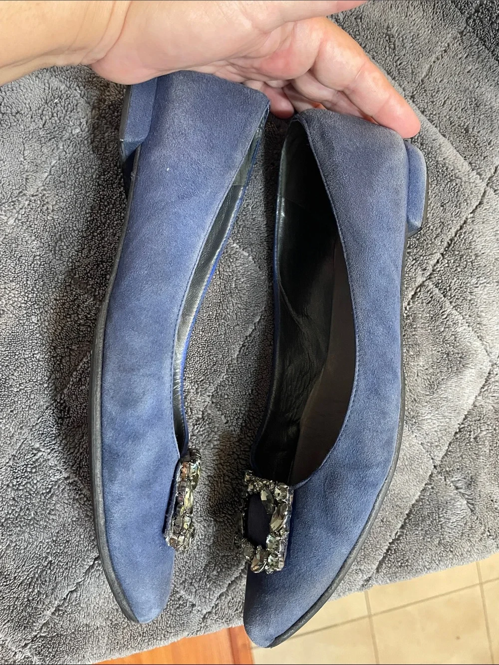 Stuart Weitzman Navy Suede Pointed Toe Flats with Crystal Buckle Accent